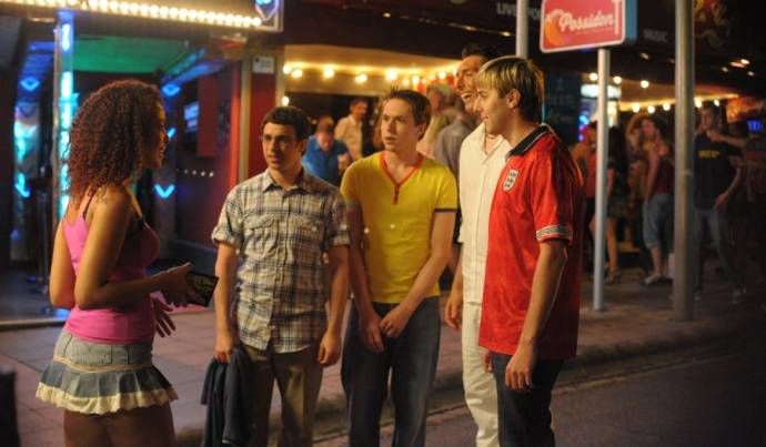 Simon Bird (Will McKenzie), Joe Thomas (Simon Cooper), Blake Harrison (Neil Sutherland) en James Buckley (Jay Cartwright)