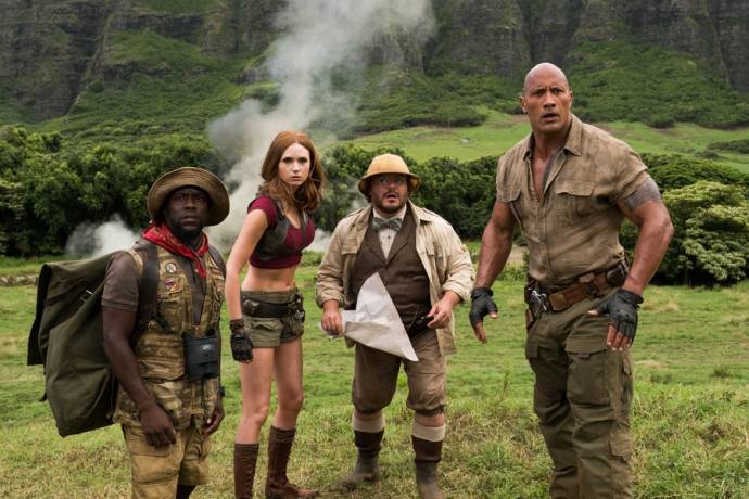 Kevin Hart (Moose Finbar), Karen Gillan (Ruby Roundhouse), Jack Black (Professor Shelly Oberon) en Dwayne Johnson (Dr. Smolder Bravestone)