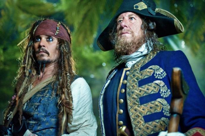 Johnny Depp (Jack Sparrow) en Geoffrey Rush (Barbossa)