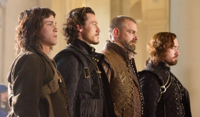 Logan Lerman (D'Artagnan), Luke Evans (Aramis), Ray Stevenson (Porthos) en Matthew Macfadyen (Athos)