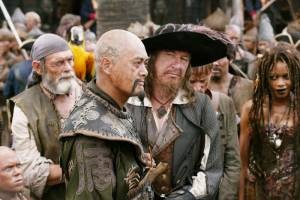 De Chinese piraat Sao Feng (Chow Yun-Fat) en Kapitein Barbossa (Geoffrey Rush) in At World's End